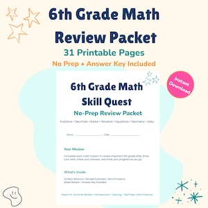 Könnte beinhalten: Ein Mathematik-Übungspaket für die 6. Klasse mit 31 druckbaren Seiten inklusive Lösungsschlüssel. Das Dokument trägt den Titel 6th Grade Math Skill Quest und umfasst Brüche, Dezimalzahlen, Verhältnisse, Prozente, Gleichungen, Geometrie und Daten.