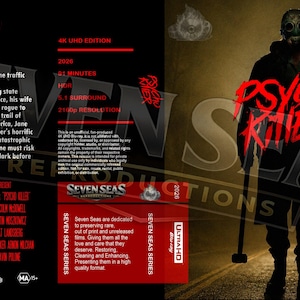 May include: A 4K UHD Blu-ray cover for the film Psycho Killer. The front features a masked figure in a dark coat holding a hammer on a road. The back includes a synopsis, production credits, and technical specifications in red and white text.