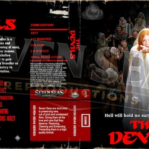 May include: A Blu-ray cover for the 1971 film The Devils, featuring a black background with red text. The front displays a woman in a white robe with hands outstretched, while the back includes a plot summary, production credits, and technical specs.