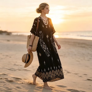 Loose Fit Printed Bohemian Dress, Oversized Caftan Maxi Gown, Plus Size Lounge Wear for Women, Summer Holiday V Neck Loungewear