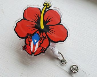 Flor de maga con coqui badge reel Puerto Rico ID holder, Bandera Badge Reel, RN id Holder, Nurse Gift
