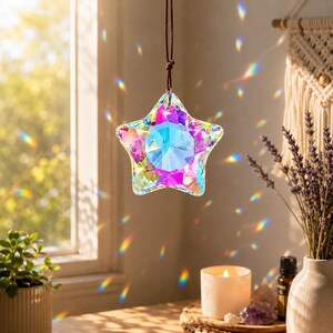 Crystal Star Suncatcher Gift, Rainbow Maker Window Hanging Decor, Boho Crystal Ornament, Positive Energy Gift, Star Prism Sun Catcher