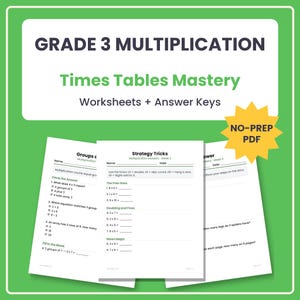 Puede incluir: Hojas de trabajo y claves de respuestas de multiplicación para tercer grado en formato PDF. Las páginas educativas incluyen trucos de estrategia, problemas matemáticos y una estrella amarilla con el texto NO-PREP PDF sobre fondo verde.