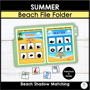 May include: A green file folder titled Summer Beach File Folder featuring two activity pages for shadow matching. The left page shows sand items, and the right page shows water items. Includes loose square cards with images of a beach umbrella, sailboat, towel, and dolphin.