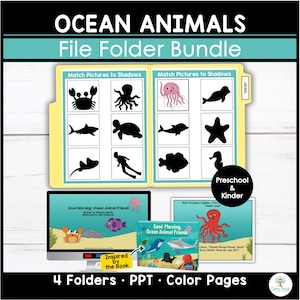 May include: An educational file folder bundle titled OCEAN ANIMALS featuring matching activities with silhouettes of sea creatures, a digital presentation screen, and a book titled Good Morning, Ocean Animal Friends with colorful illustrations.