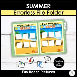 May include: A green file folder educational activity titled Summer Errorless File Folder with two beach scenes featuring the text Things at the beach and BEACH. Includes six blank squares per side and four separate square cards showing a beach umbrella, a sailboat, a blue striped towel, and a seagull.