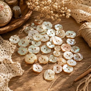 May include: A collection of round, two-hole buttons crafted from iridescent mother-of-pearl. These small, circular fasteners feature a smooth, polished surface with natural pearlescent variations in cream and off-white tones, scattered across a wooden surface.