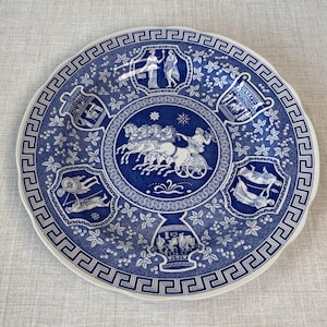 May include: A round ceramic plate featuring a blue and white transferware pattern. The center depicts a chariot pulled by four horses. The border displays a Greek key motif and four cartouches containing classical figures and urns.