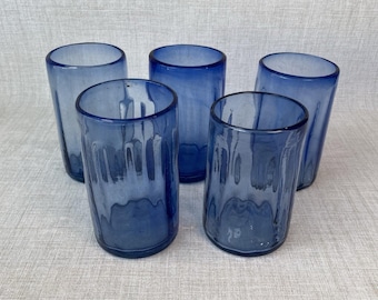 Cobalt Azure Hand Blown Highball Drinking Glasses Mexican Glass Set Of 5