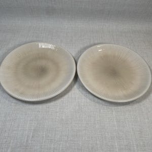 May include: Two round ceramic plates featuring a light beige and grey gradient finish. Each plate displays a detailed pattern of fine, radiating lines that extend from the center toward the outer rim, creating a sunburst effect.