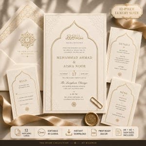 May include: A 12-piece luxury suite of cream-colored wedding stationery featuring gold foil accents, intricate arch-shaped borders, and embossed patterns. The set includes an invitation, RSVP card, details card, menu, and envelope with elegant typography.