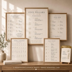 May include: A set of five educational wall art prints featuring Islamic themes, including The Five Pillars of Islam, Wudu, Salah, the Arabic Alphabet, and Daily Duas, plus a small bonus card, all displayed in light wood frames on a wooden surface.