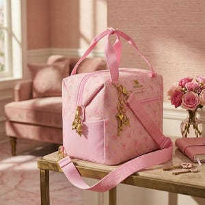 May include: A light pink rectangular lunch bag featuring a subtle floral pattern, gold-tone hardware, and a detachable shoulder strap. The bag includes a top handle, a front zippered pocket, and gold charms attached to the side, with the Stanley logo printed on the front.