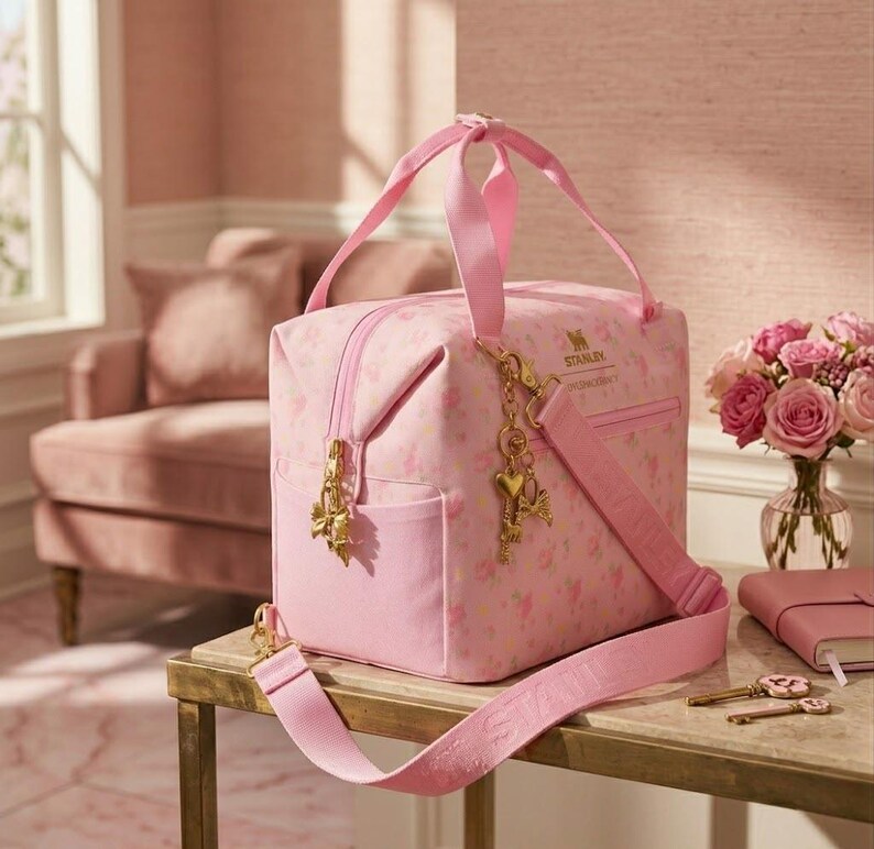 May include: A light pink rectangular lunch bag featuring a subtle floral pattern, gold-tone hardware, and a detachable shoulder strap. The bag includes a top handle, a front zippered pocket, and gold charms attached to the side, with the Stanley logo printed on the front.