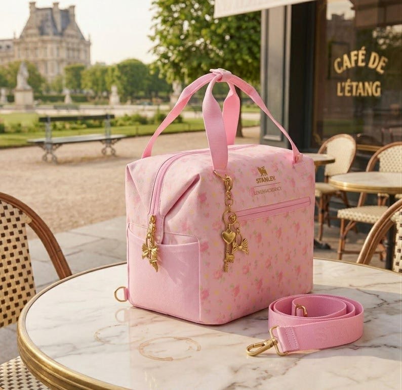 May include: A light pink lunch bag featuring a floral pattern, two top handles, and a detachable shoulder strap. The bag displays the Stanley logo and a gold-toned charm set with a heart and bow. It includes a front zippered pocket and side pockets.