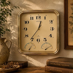 May include: A square wall clock with a polished gold-tone frame and a cream-colored face. The clock features black Arabic numerals, black hands, and the text RHYTHM and QUARTZ. Two circular analog gauges at the bottom display humidity and temperature.