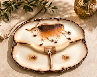 Vintage Longhorn Bull Serving Platter – Divided Ceramic Western Dish