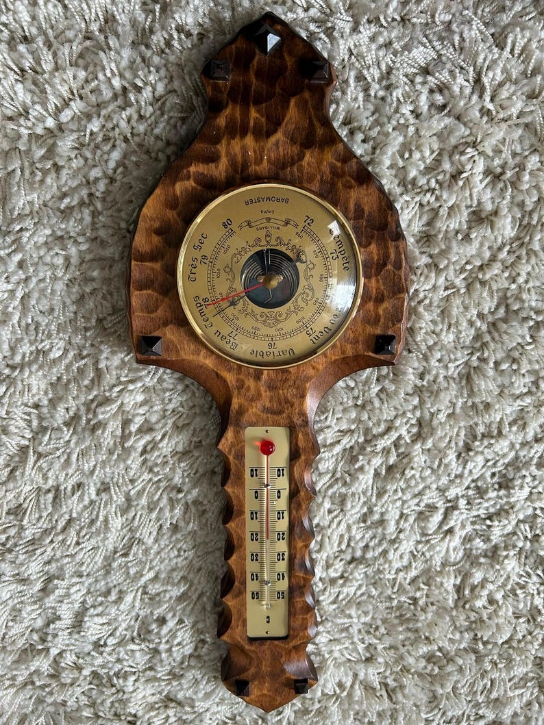 Vintage Wooden Barometer Thermometer – Hand-carved Rustic Wall Decor ...