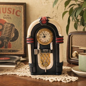 May include: A tabletop clock designed to resemble a vintage jukebox, featuring a cream and black exterior with red accents. The clock face is circular with a gold-toned rim, black numerals, and black hands. A decorative metal grille sits below.