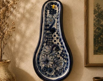 Hand-Painted Talavera Spoon Rest / Vintage Ceramic Mexican floral kitchen decor