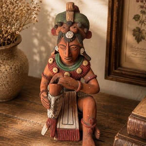 May include: A terracotta figurine depicting a seated figure wearing an elaborate green and red headdress, a beaded collar, and a loincloth. The figure holds a stylised fish in both hands, featuring painted details in shades of red, green, and white.