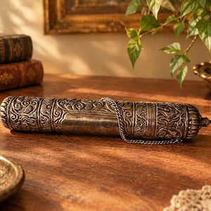 May include: A cylindrical metal scroll case featuring an intricate embossed floral and vine pattern across its surface. The container has a polished silver-toned finish, rounded end caps, and a thin metal chain attached to the center section.