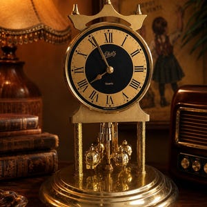 May include: A gold-toned Schatz quartz anniversary clock with a circular face, black centre, and Roman numerals. The clock features a decorative arched top, a round base, and a rotating pendulum with four gold spheres suspended beneath the dial.