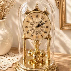 May include: A gold-toned quartz mantel clock encased in a clear glass dome. The clock features a circular face with black Roman numerals, intricate filigree patterns, and the text Hendon Quartz. It stands on a circular gold base with a pendulum.