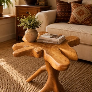 May include: A light brown wooden side table with an irregular, organic shape resembling a tree stump. The table features a smooth, polished surface and sturdy, branch-like legs. Two books titled This Is Home and down to earth rest on top.