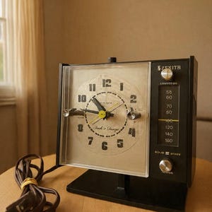 May include: A black Zenith Solid State clock radio with a square analog clock face featuring black numerals and a yellow second hand. To the right, a vertical radio tuner displays frequency numbers from 55 to 160 with a yellow indicator line.