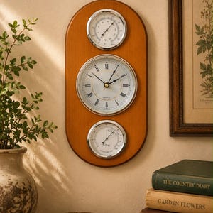 Puede incluir: Una placa de pared ovalada de madera que presenta un reloj de cuarzo central con números romanos, flanqueado por un termómetro circular en la parte superior y un higrómetro circular en la parte inferior. Cada instrumento tiene un borde plateado.