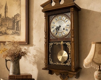 Vintage Golden Time Mechanical Pendulum Wall Clock – Key-Wound Wooden Chiming Clock