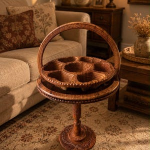 May include: A dark brown wooden serving stand featuring a central pedestal base and a circular top with a carved handle. The top surface contains a removable, multi-compartment tray with six outer sections surrounding a single central circular bowl.