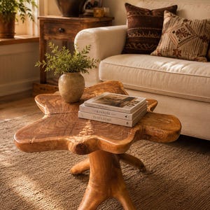 May include: A natural wood coffee table with a star-shaped top and a thick, branch-like base. A beige ceramic vase with a green plant sits on the table next to a stack of three books titled The Kinfolk Home and This Is Home.