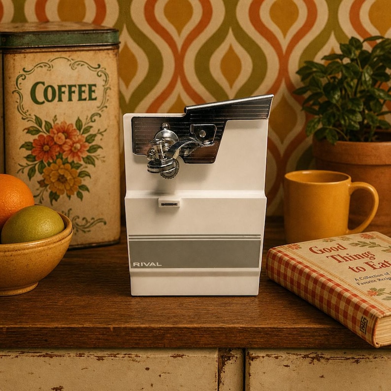 May include: A white electric can opener with a chrome-plated cutting mechanism and a grey horizontal stripe across the front. The brand name RIVAL is printed in small white letters on the lower left side of the front panel of the appliance.