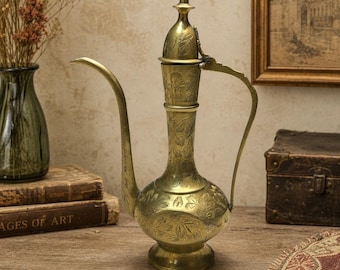 Vintage Hand-Engraved Brass Ewer Pitcher – Middle Eastern Decorative Miniature Tea/Coffee Pot