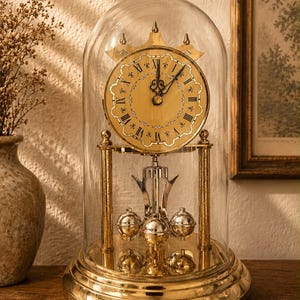 May include: A gold-toned anniversary clock featuring a circular face with black Roman numerals and ornate hands, enclosed within a clear glass dome. The clock rests on a polished gold base and includes a rotating pendulum with three silver spheres.