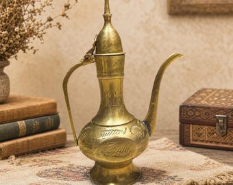 Vintage Hand-Engraved Brass Miniature Ewer Pitcher – Middle Eastern Style Decor
