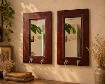 Vintage Solid Wood Wall Mirror Set with Coat Hooks – Matching Entryway Mirrors, Cherry Finish