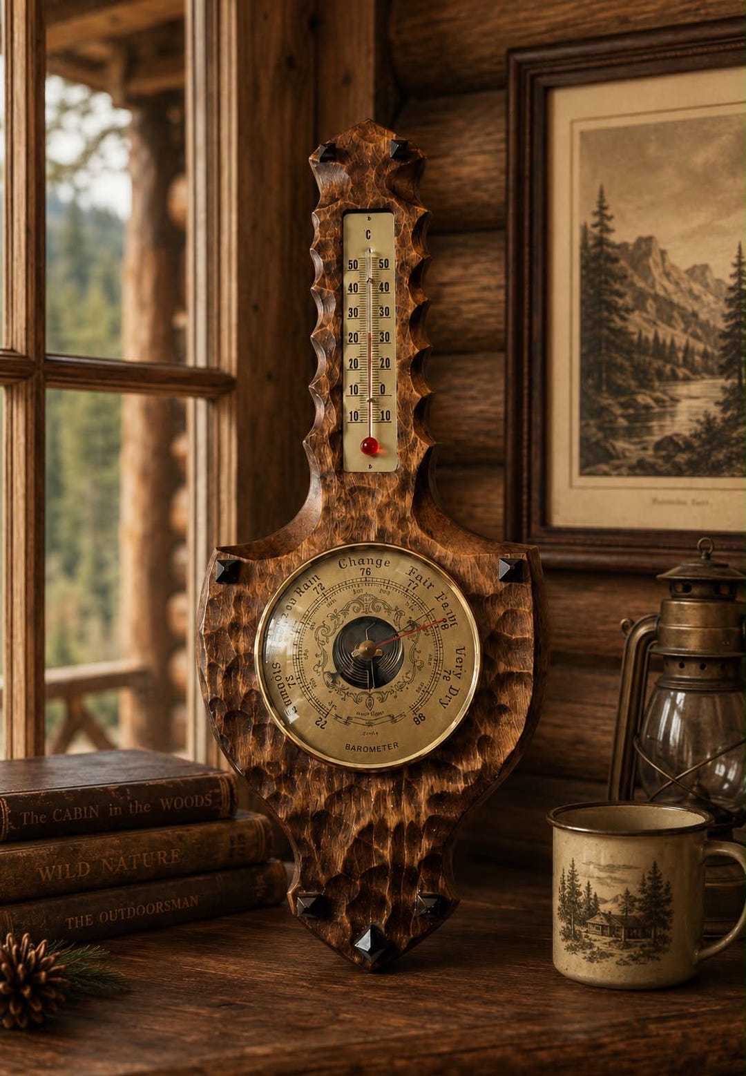 Vintage Wooden Barometer Thermometer – Hand-carved Rustic Wall Decor ...