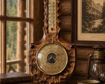 Vintage Wooden Barometer Thermometer – Hand-Carved Rustic Wall Decor weather station