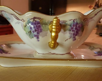 Vintage Ceramic Hand Painted Gravy Boat gold and grapes