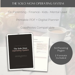 Op de afbeelding: Een digitale planner getiteld The Solo Mom Operating System met 34 planningspagina's in twee formaten. De tekst bevat Co-Parenting, Finance, Kids, Mental Load, Printable PDF, Digital Planner en GoodNotes Compatible op een donker scherm.