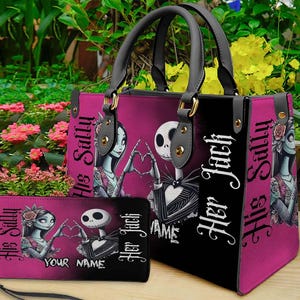 May include: A pink and black handbag and matching wallet set featuring a graphic print of Jack Skellington and Sally forming a heart shape with their hands. The text "His Sally" and "Her Jack" is printed on both items with a space for a name.