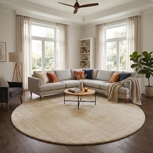 May include: A large, round, beige area rug centered in a living room featuring a light gray sectional sofa, a dark gray armchair, a round wooden coffee table, a floor lamp with a wooden tripod base, and a tall potted fiddle leaf fig plant.