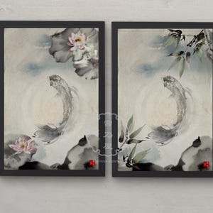 Koi Fish Wall Art Set of 2, Japanese Sumi-e Ink Painting Print, Lotus and Bamboo Zen Poster, Japandi Home Decor, Traditional Asian Art
