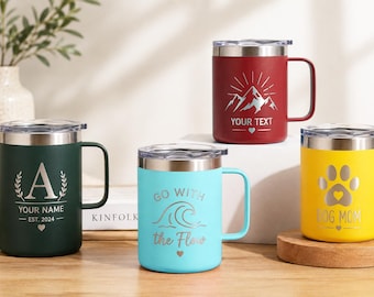 Tazza personalizzata con incisione laser, manico, nome personalizzato, 355 ml, in acciaio inossidabile, ideale per viaggi, con testo/logo personalizzato.