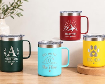 Mok met lasergravure, beker met handvat, gepersonaliseerde naam, 350 ml roestvrijstalen reisbeker, beker met aangepaste tekst/logo