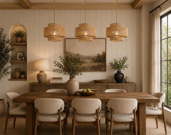 Boho Rattan Pendant Light Black Farmhouse Chandelier for Kitchen Dining Room