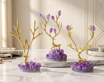 Celestial Amethyst Deer Art Sculpture, Crystal Gemstone Figurine, Luxury Feng Shui Home Decor Gift